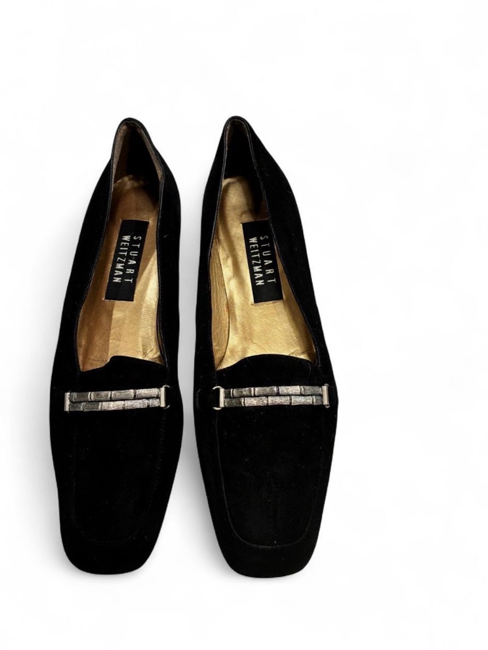 Stuart Weitzman Black Suede Loafers with Silver Bar